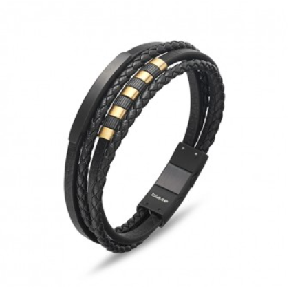 Men's Black Leather Multi Strand Bangle